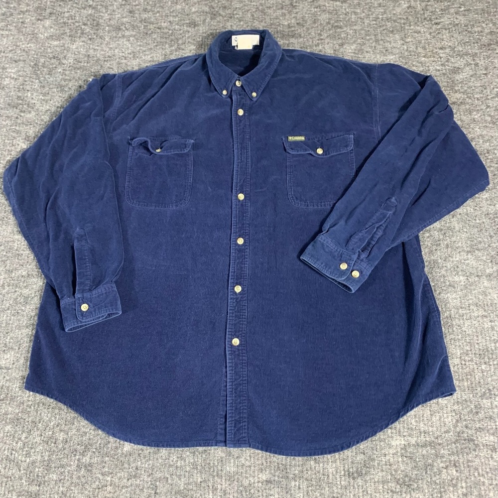 Vintage Columbia Shirt Mens 2XL Navy Blue Corduroy Long Sleeve Button Down 90s
